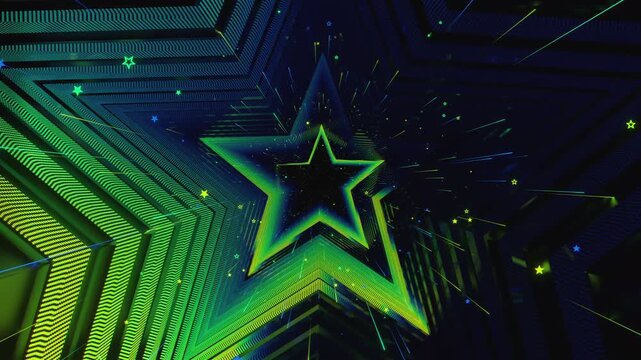 4k seamless VJ loop of a futuristic star-shaped tunnel. Abstract digital vortex with rhythmic motion and geometric elements, for electronic music festivals, high-tech club visuals, stage screens.