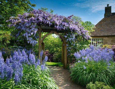spring in cottage english garden blooming syringa meyeri palibin wooden archway catnip nepeta and stachys blue and lilac colours