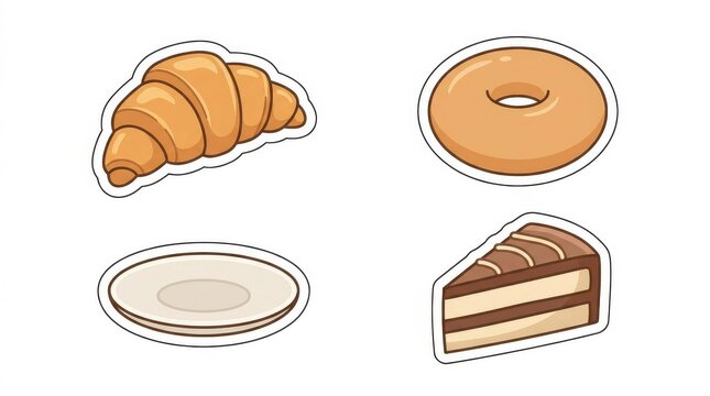 Set of cartoon bakery food stickers with croissant donut and cake