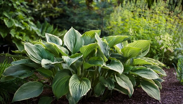 various hostas growing in summer garden perennial for shady spaces
