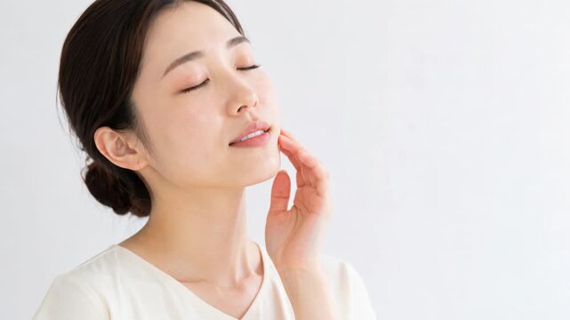 目を閉じて頬に触れる女性の美容ポートレート