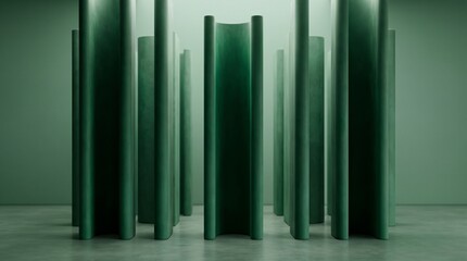 Fototapeta premium Abstract 3D Render of Green Vertical Curved Pillars in Minimalist Studio Setting with Soft Lighting and Concrete Floor, Architectural Design Background for Product Showcase
