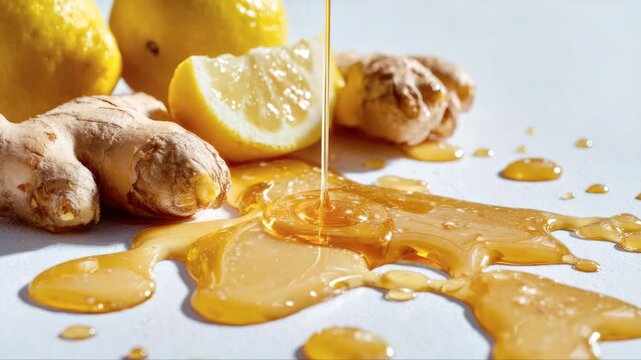 Fresh ginger root and lemon slices with honey dripping onto a white surface, showcasing the vibrant colors and textures of natural ingredients in a culinary setting