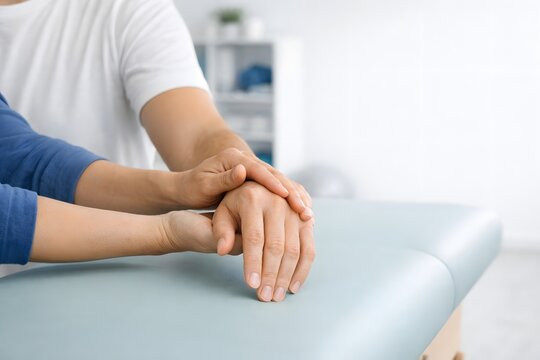 Therapist hands guide a patient wrist and hand during manual therapy treatment on a padded table in a clinical setting
