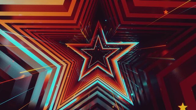 4k seamless VJ loop of a futuristic star-shaped tunnel. Abstract digital vortex with rhythmic motion and geometric elements, for electronic music festivals, high-tech club visuals, stage screens.