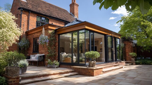 Modern brick house extension featuring large glass bi-fold doors and wooden trim in a bright and sunny residential garden setting