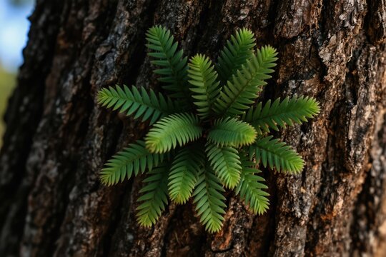 Huperzia selago plant grows on rough tree bark. Small green leaves cluster on mossy branch. Macro view of wild flora detail in forest. Natural botanical texture background.