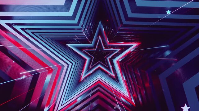 4k seamless VJ loop of a futuristic star-shaped tunnel. Abstract digital vortex with rhythmic motion and geometric elements, for electronic music festivals, high-tech club visuals, stage screens.