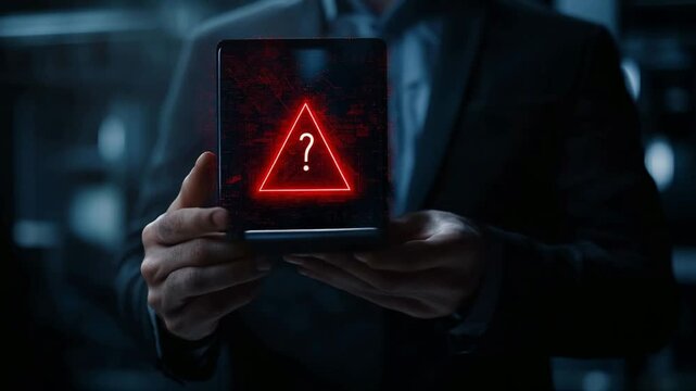 Businessman holding tablet with warning sign and question mark symbol on screen indicating cybersecurity threat or alert