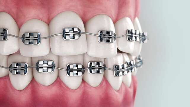 Orthodontic metal braces on crooked teeth, medical 3D animation of dental alignment treatment.