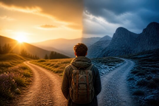 Backpacker choosing a path at sunrise over a split mountain trail