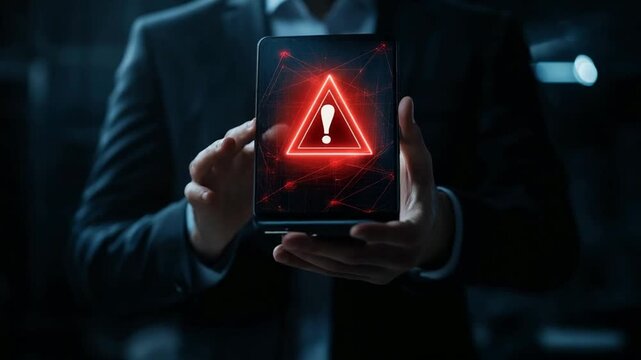 Businessman holding tablet with glowing red warning sign exclamation mark cybersecurity alert