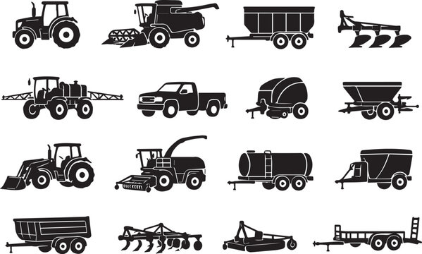 Collection of Black and White Farm and Construction Vehicles Silhouettes in Flat Design Style