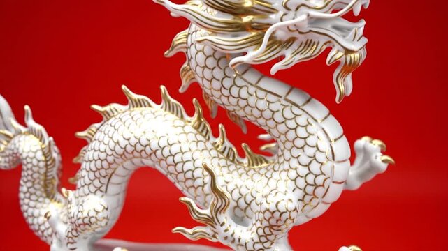 White dragon sculpture with intricate scales and flowing mane stands out dramatically against a vibrant red background.