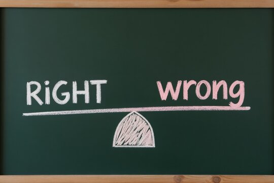Blackboard displays balance scale with Right and Wrong chalked words. Represents decision making moral choices and ethical dilemmas in life or business.
