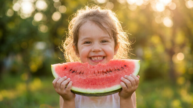 Cheerful young child smiles brightly, enjoying a large, refreshing watermelon slice outdoors. Golden hour light emphasizes summer joy, healthy eating, and carefree childhood.