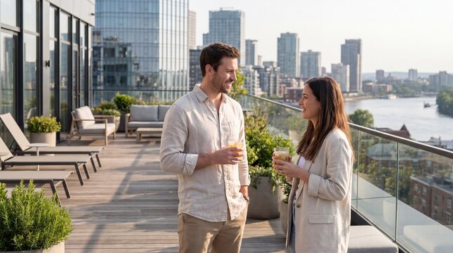 Professionals converse on a stylish rooftop, drinks in hand. City skyline views reflect modern networking and upscale urban leisure.