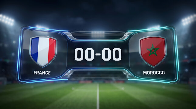 Futuristic digital scoreboard with France and Morocco country names and flags in a brightly lit soccer stadium