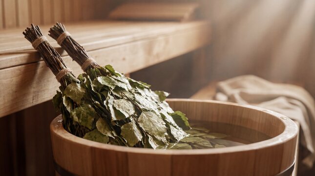 Fresh birch venik steeping in a rustic wooden bucket, ready for a traditional banya or sauna session. promotes deep relaxation, natural wellness, and invigorating body care practices.
