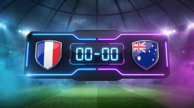 Illuminated stadium scoreboard showing 0-0 tie for France versus Australia international football match, 3d illustration.
