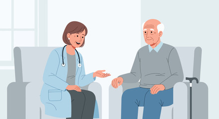 Fototapeta premium Doctor consulting elderly man in clinic, healthcare, medical examination, patient care