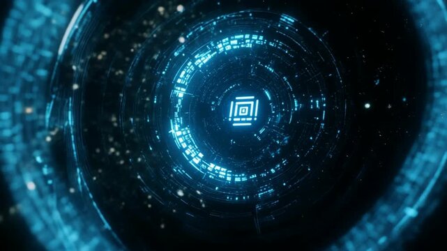 Futuristic blue tunnel with glowing concentric circles and digital patterns on a black background with white specks