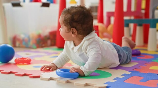 Toddler girl reaches with hand for blue ball and plastic ring on colorful foam playmat in building; curiosity exploration learning.