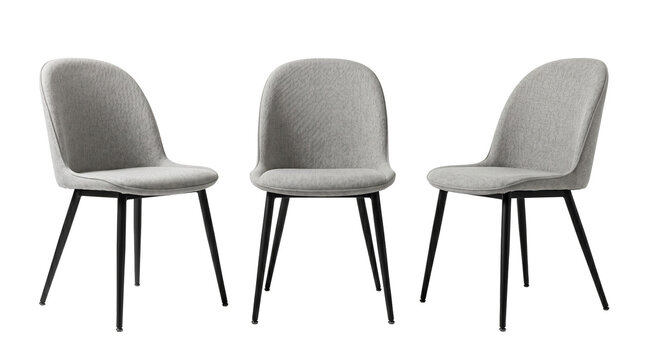 Set of 3 multi-angle views of modern grey fabric office chair sleek minimalist home dining room furniture, transparent background, PNG