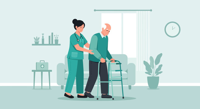 Nurse assisting elderly man with walker in living room
