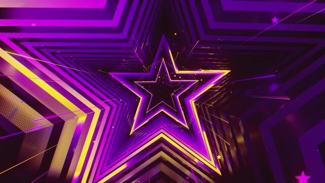 4k seamless VJ loop of a futuristic star-shaped tunnel. Abstract digital vortex with rhythmic motion and geometric elements, for electronic music festivals, high-tech club visuals, stage screens.