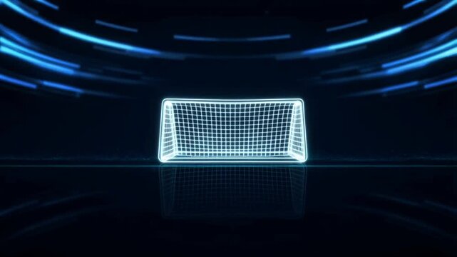 Minimalist soccer goal icon materializing from digital neon lines, futuristic sports interface, glowing white net, cyber stadium environment, volumetric light beams, particle effects, smooth icon 