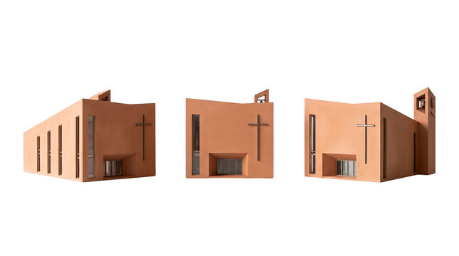 Set of 3 multi-angle variations of wooden church pulpit small chapel decoration christian ritual item mockup, transparent background, PNG