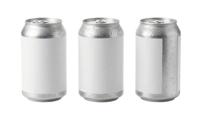 Set of 3 multi-angle variations of blank white aluminum beverage soda beer can liquid packaging template, transparent background, PNG