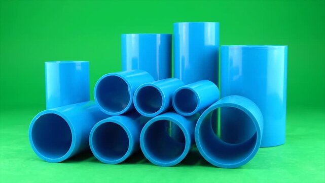 Plastic plumbing pipes stacked in varying diameters on a bright green background for construction and industrial use.