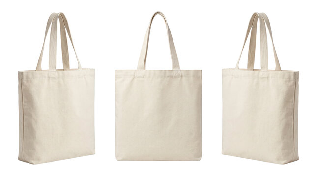 Set of 3 multi-angle variations of eco friendly white canvas tote bag reusable fabric shopping shoulder handbag, transparent background, PNG
