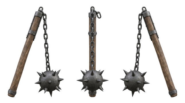 Set of 3 multi-angle variations of medieval flail spiked ball chain mace antique knight weapon concept, transparent background, PNG