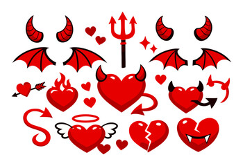 Obraz premium Red devil and angel hearts symbolize love, passion, and heartbreak, flaunting horns, wings, and pitchforks