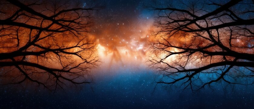A stunning night sky with the Milky Way galaxy visible, framed by silhouetted tree branches on both sides.