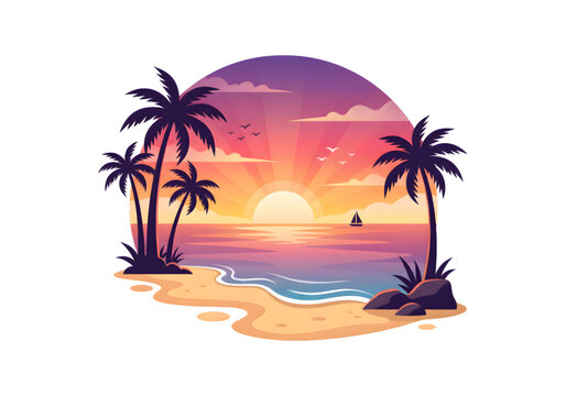 Tropical sunset beach with palm trees and ocean waves, purple orange yellow pink gradient, png on transparent background