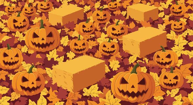 Flat style vector of a festive Halloween pumpkin patch filled with smiling jack o lanterns, autumn leaves and seasonal decorations for holiday celebrations