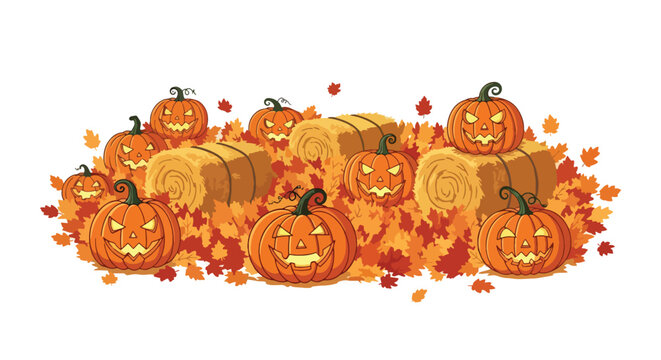 Flat style vector of a festive Halloween pumpkin patch filled with smiling jack o lanterns, autumn leaves and seasonal decorations for holiday celebrations