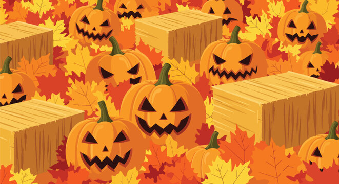 Flat style vector of a festive Halloween pumpkin patch filled with smiling jack o lanterns, autumn leaves and seasonal decorations for holiday celebrations