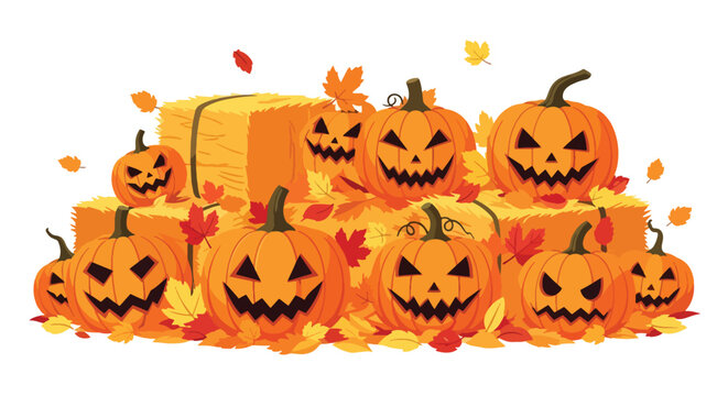 Flat style vector of a festive Halloween pumpkin patch filled with smiling jack o lanterns, autumn leaves and seasonal decorations for holiday celebrations