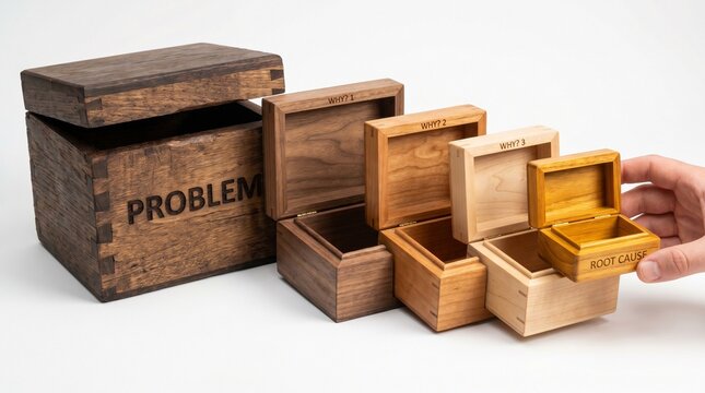 5 Whys root cause analysis technique concept shown with nested wooden boxes representing layers of a problem and its solution, a hand opening the smallest box