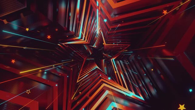 4k seamless VJ loop of a futuristic star-shaped tunnel. Abstract digital vortex with rhythmic motion and geometric elements, for electronic music festivals, high-tech club visuals, stage screens.