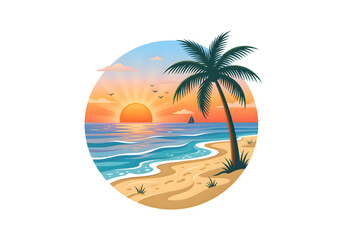 Obraz premium Tropical beach sunset with palm tree and ocean waves orange and blue png on transparent background