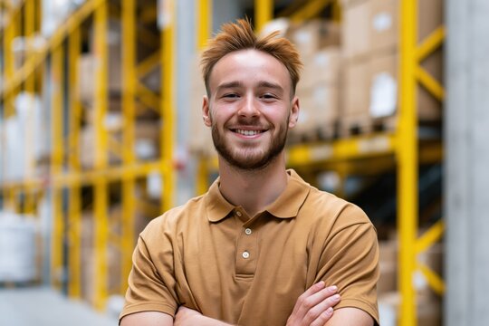 Young warehouse staff member smiling with crossed arms in distribution center for logistics team profile banner and business web layout