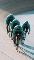 Naklejka premium Four track cyclists in teal kits accelerating in line on a curved wooden velodrome for sports poster and training use