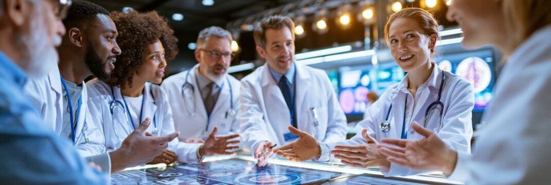 Diverse doctors and researchers discuss longevity ideas around interactive displays at a modern medical conference. Optimistic mood, warm stage lighting, wide composition with gesturing hands and