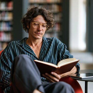 Relaxed young man reading a book in a cozy library armchair for editorial use, background and lifestyle imagery